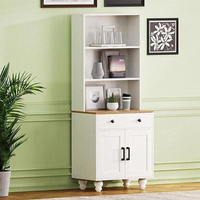 Armoire de rangement Farmhouse avec 4 pieds en bois massif en forme de gourde, armoire de cuisine moderne avec tablettes réglables, bibliothèque à 5 niveaux avec tiroir pour le salon, blanc
