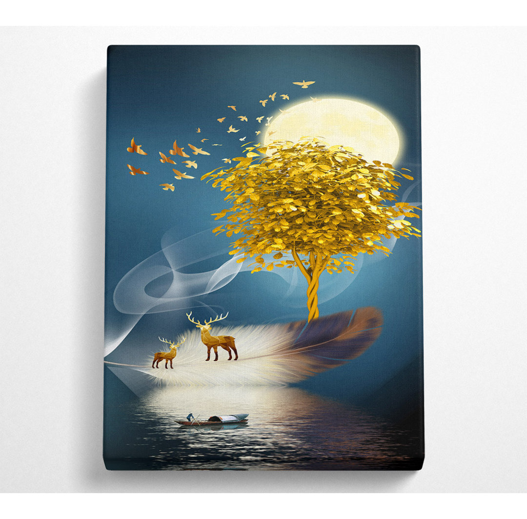 Gold Tree, Deers On Feather - No Frame Kunstdrucke auf Leinwand