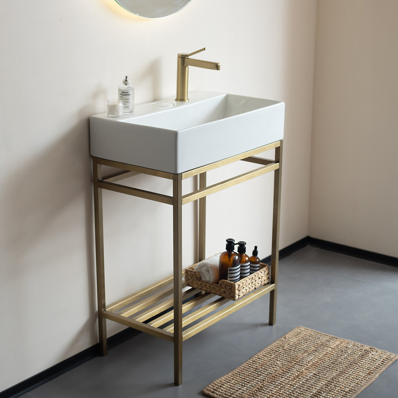 Lofi 24" Freestanding Bathroom Vanity Set with Ceramic Sink, Rectangular Ceramic Console Sink without Faucet, Open Stainless Steel Legs, Storage Shelves