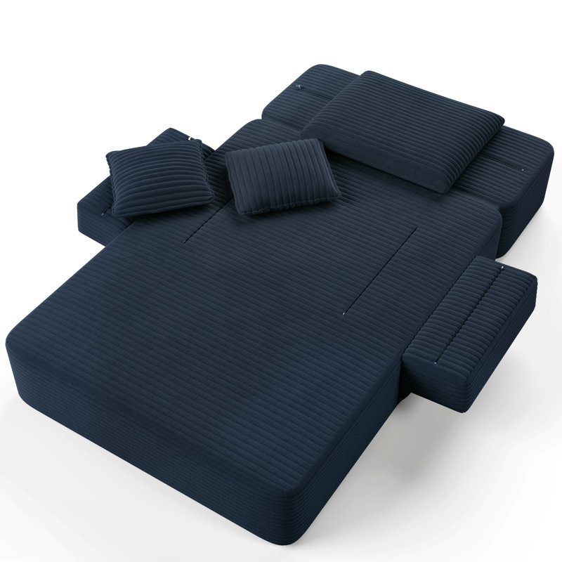 Canapé-lit convertible luxueux en velours côtelé avec pochette de rangement et accoudoirs larges, Blue
