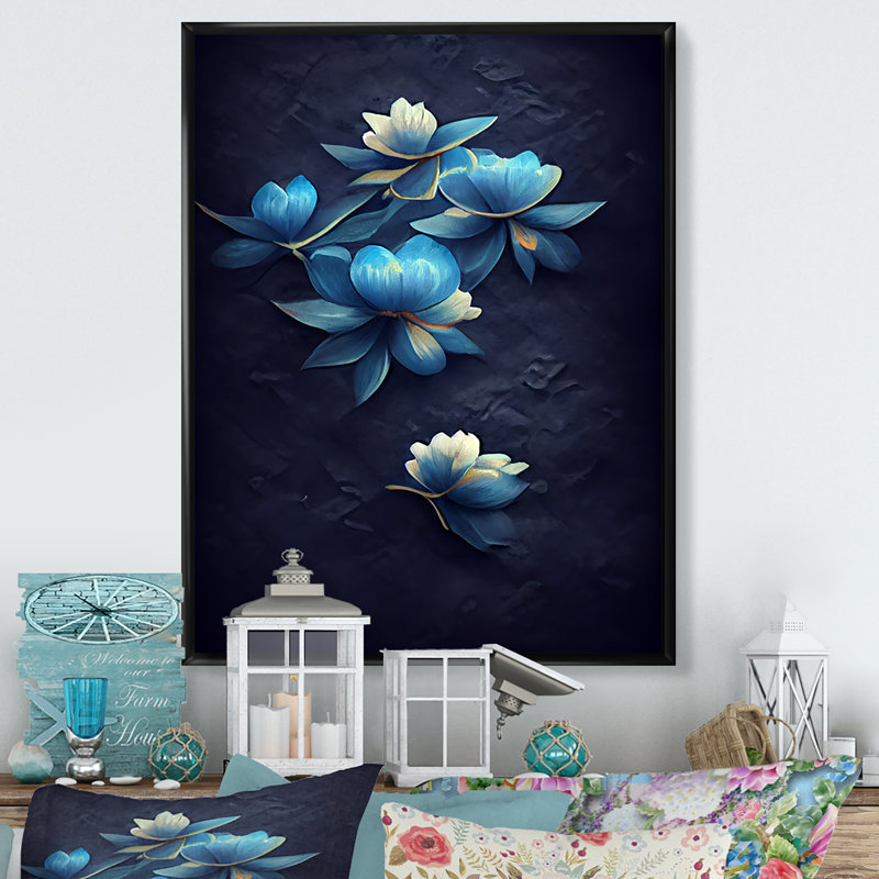 Fleurs chinoises bleues et blanches II - reproduction sur toile, H 20 po x l 12 po x P 1 po, Cadre flottant noir