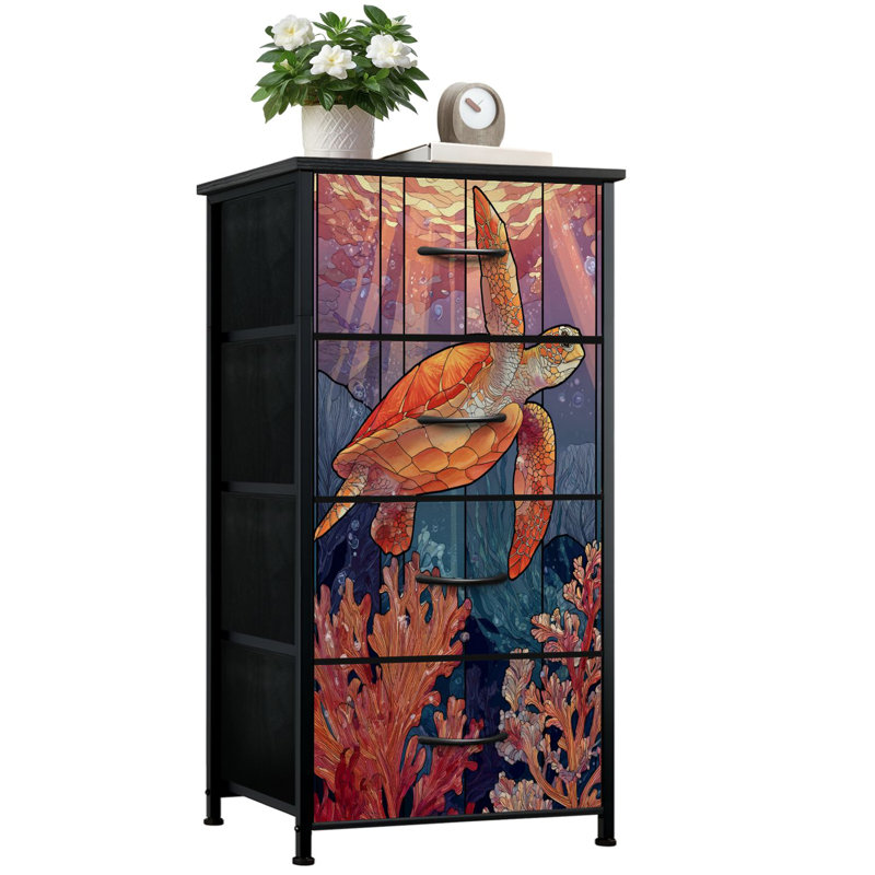 Commode de style vitrail pour la chambre à coucher avec 4 tiroirs de rangement. Commode de commode en tissu teinté en verre teinté.