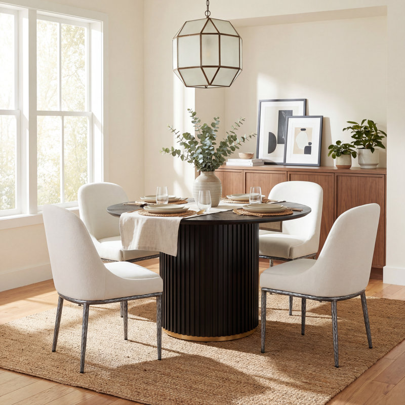 Urbina Modern 5-Piece Dining Table Set With Upholstered Chairs & Pedestal Base, Beige/Forged Pewter