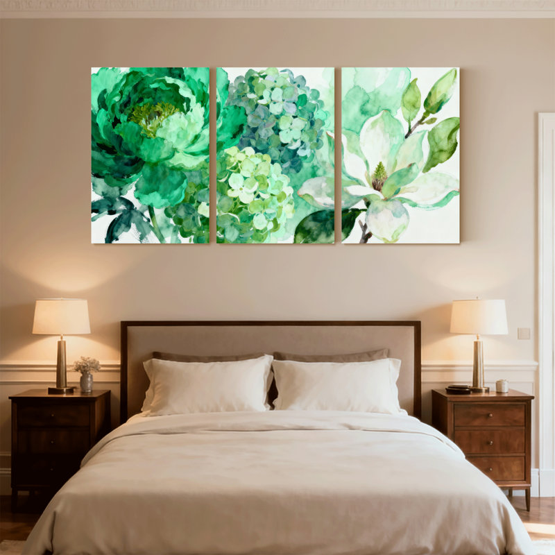 Plantes et fleurs, art floral aquarelle vert, ensemble de 3 impressions sur toile, H 18 po x l 36 po