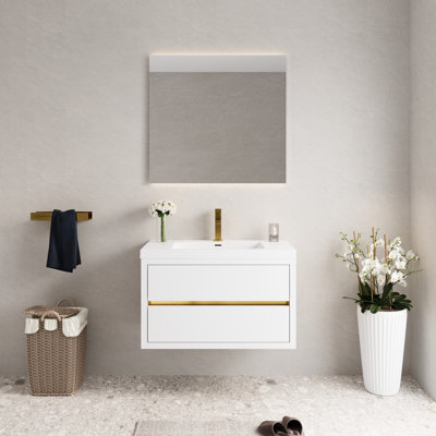 Meuble-lavabo pour salle de bain, comptoir en résine de pierre, fermeture en douceur, salle de bain d'aspect blanc brillant avec lavabo, finition à l'eau, tiroirs spacieux, blanc, fabrication de qualité