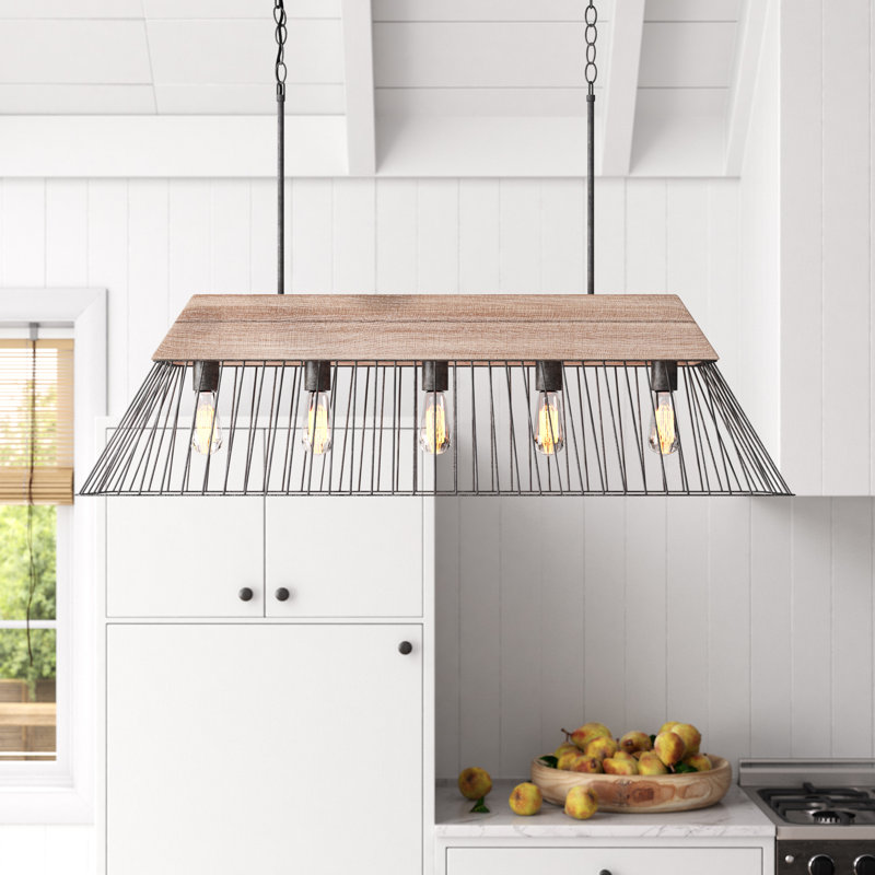 Luminaire suspendu linéaire à 5 lumières pour îlot de cuisine avec détails en bois 