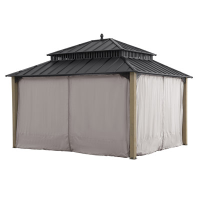 SUNJOY Kingston 14x12 Gazebo, Steel Hardtop Gazebo with Curtain and Netting - Cedar Posts