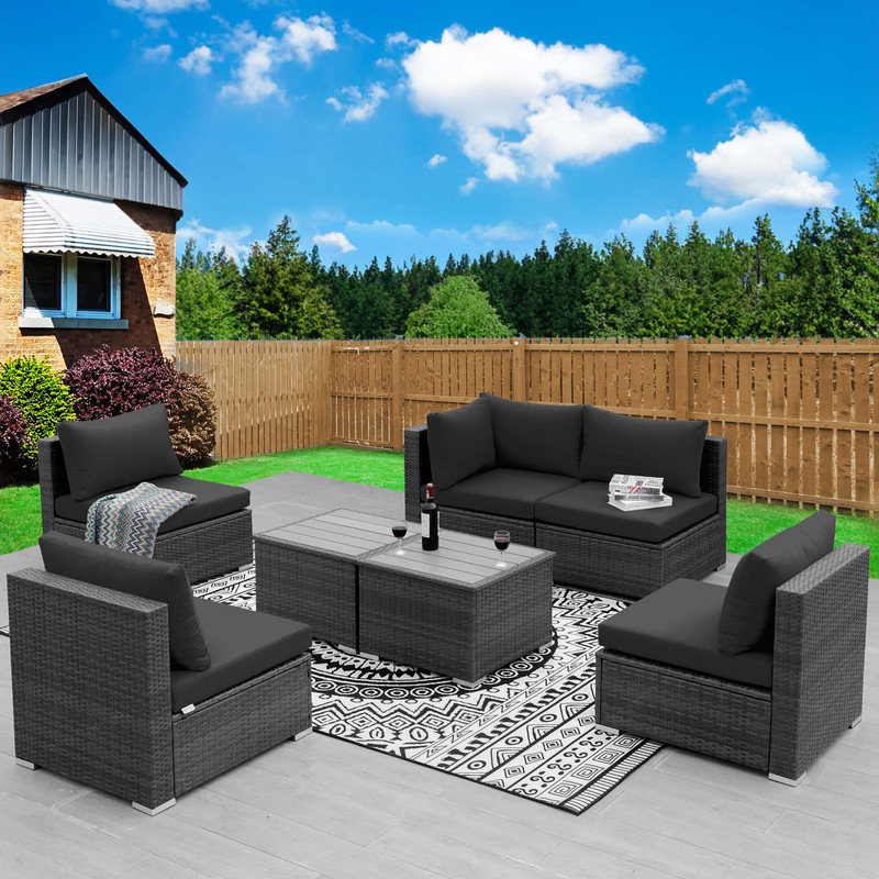 Groupe de sièges modulaires en rotin avec coussins 7 pièces