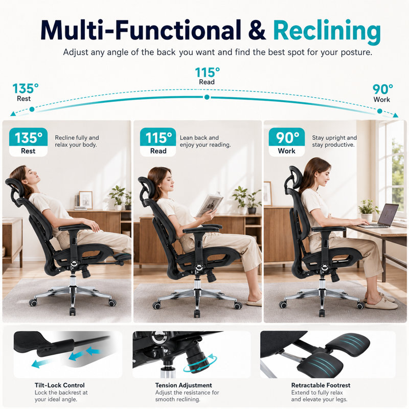 Chaise de bureau ergonomique en filet avec support lombaire 3D, accoudoirs rabattables 5D, appui-tête réglable, inclinaison à 135 °, repose-pieds et capacité de 400 lb.