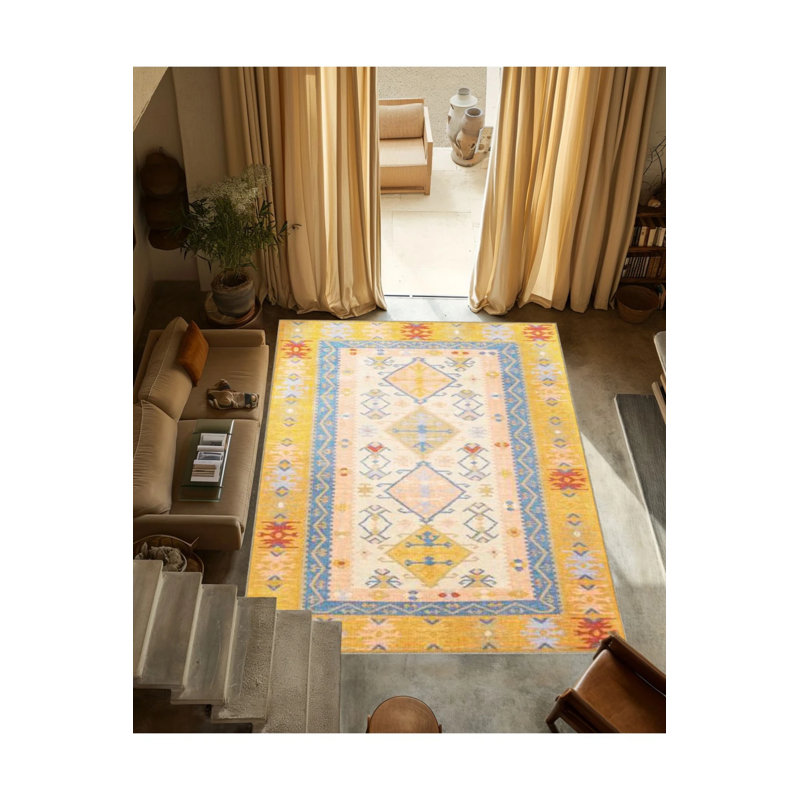 Yellow Blue Themed Traditional Motif Patterned Vintage Decorative Carpet, Round 4'