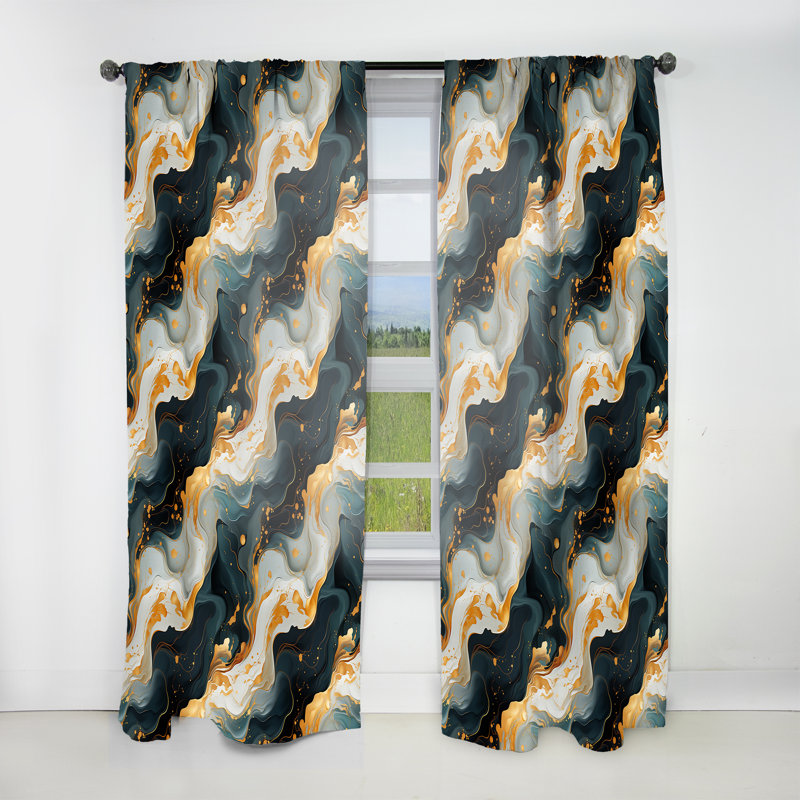 Gold Veins And Blue Marble Pattern I - Glam Velvet Curtain - Room Darkening - 1 Panel, 52" W x 120" L