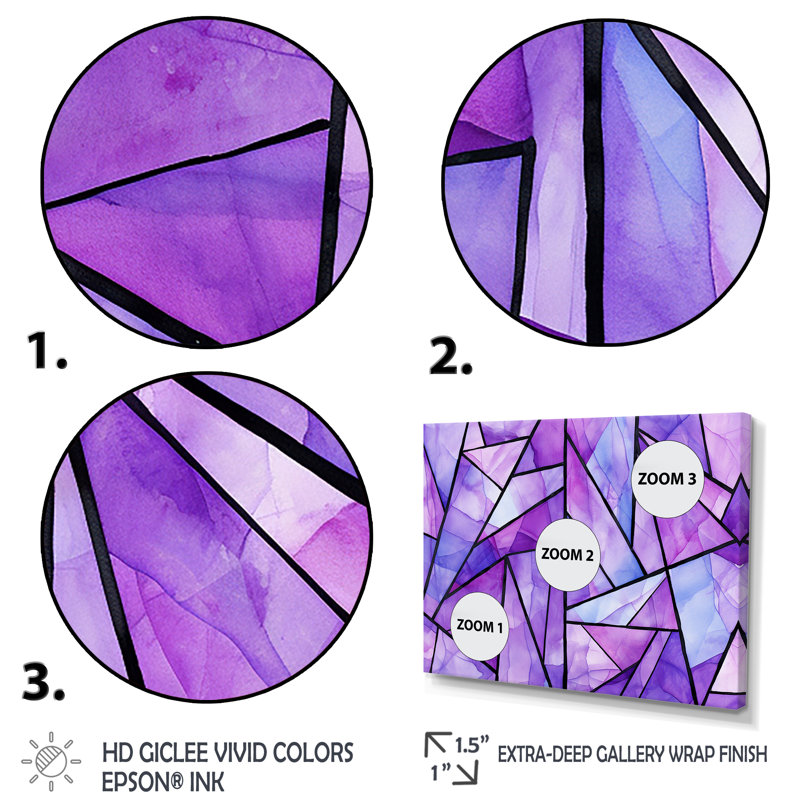 Mauve et bleu - art mural géométrique, H 16 po x l 32 po x P 1 po, Cadre flottant noir