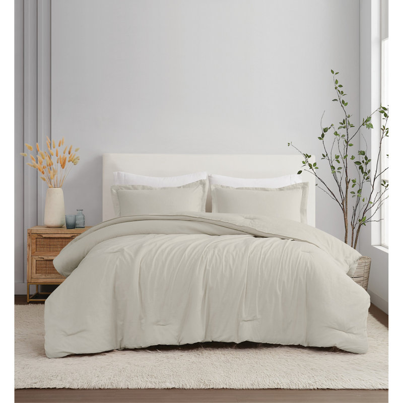 Nena Linen Standard Bedding, Beige, King Comforter + 2 King Pillow Shams