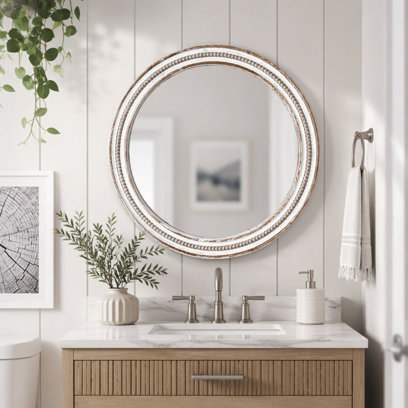 Miroir mural rond décoratif avec cadre rustique à perles 27,56 po, L 27,56 po