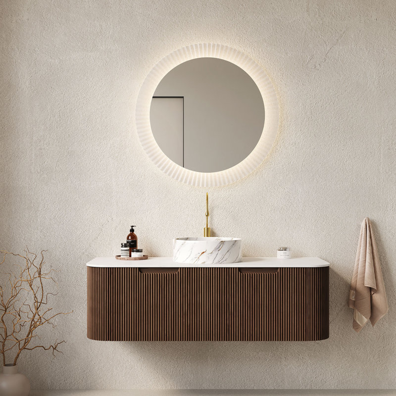 Meuble-lavabo 48 po, meuble-lavabo rayé à bords arrondis avec 2 tiroirs, lavabo rond en céramique blanc et plateau en pierre frittée blanc de Carrare, pré-assemblé