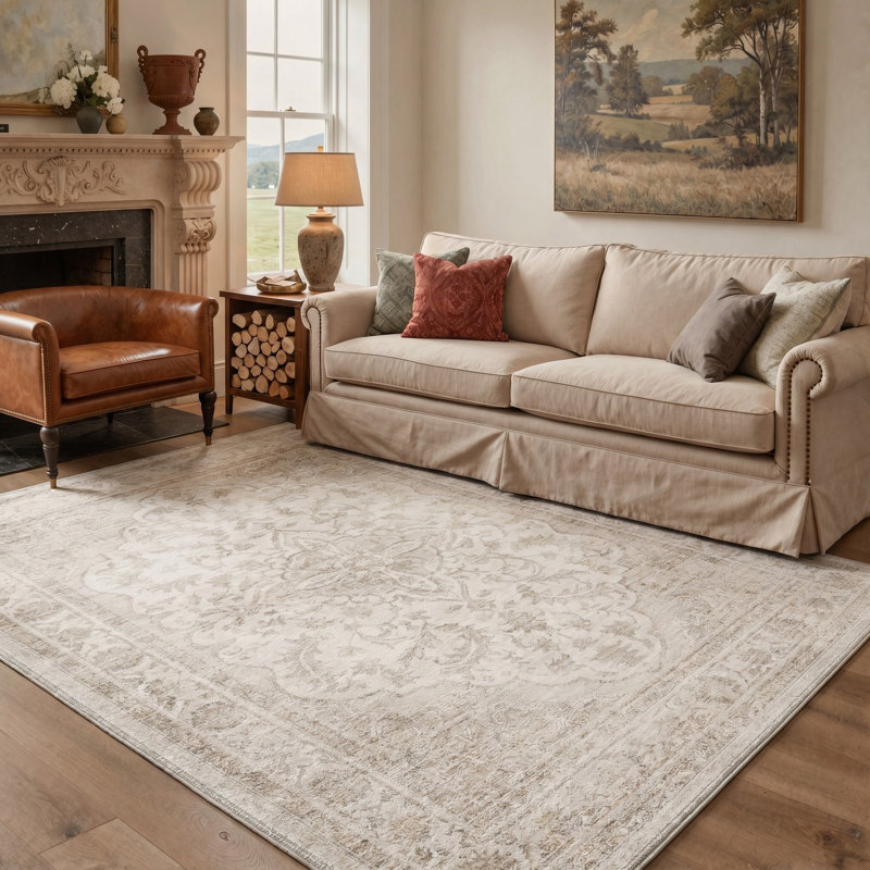 Tapis oriental ivoire / beige lavable à la machine avec envers antidérapant, Rectangulaire 8 pi x 10 pi