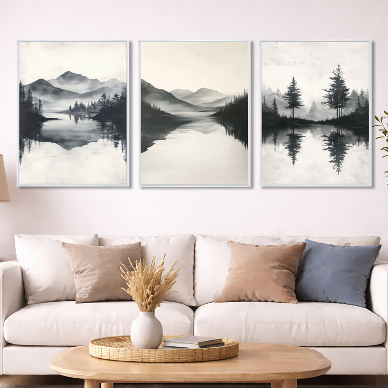 «Gentle Forest Lake Fog Horizon», art mural encadré 3 pièces, Cadre flottant blanc, H 32 po x l 72 po