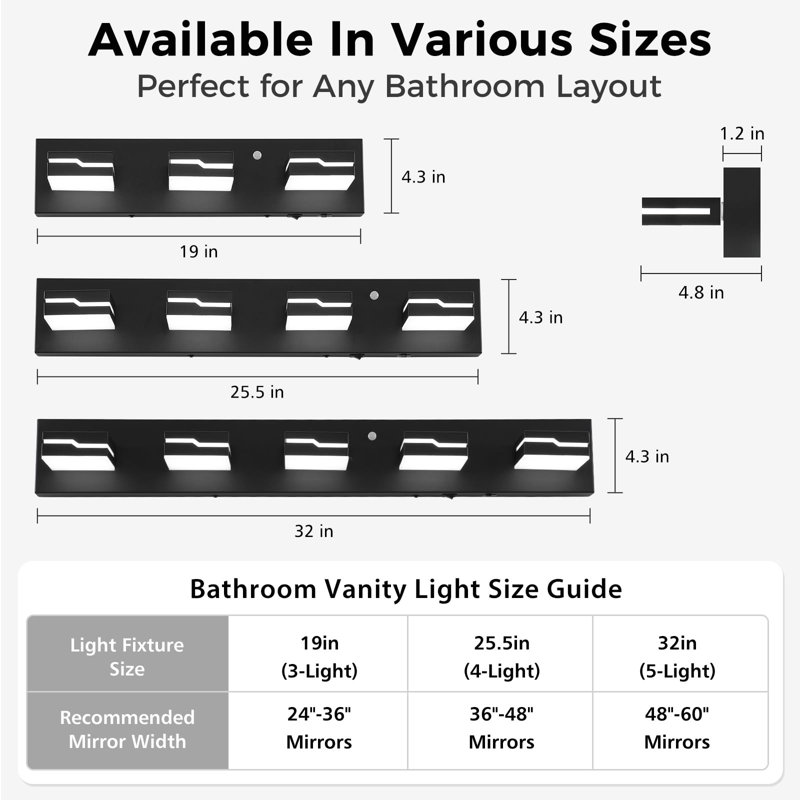 Éclairage de salle de bain 19 po à 3 lumières DEL à intensité variable avec capteur de mouvement et température de 3 couleurs pour la salle de bain