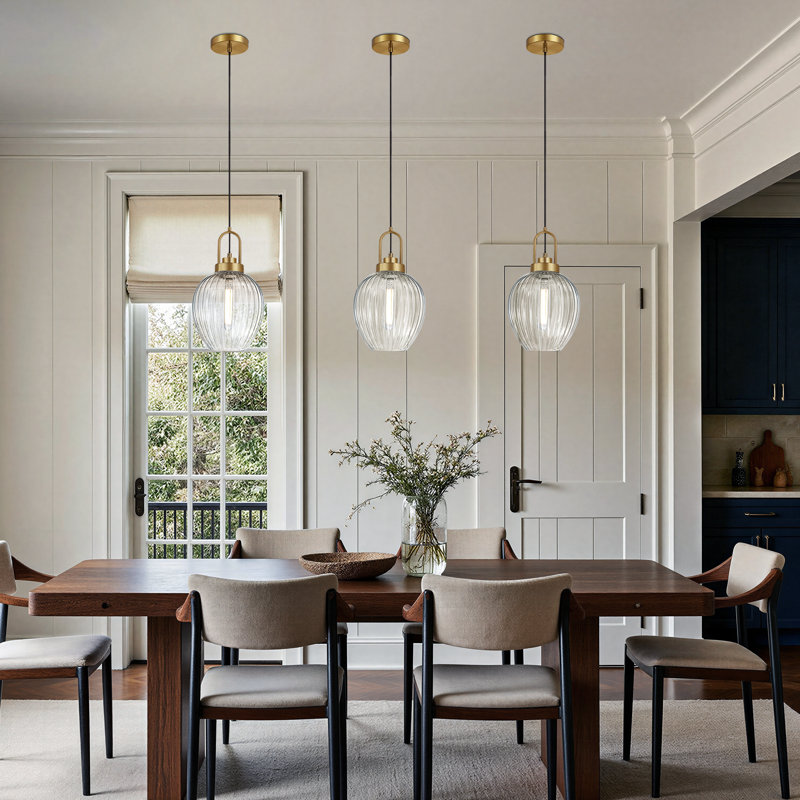 Luminaire suspendu moderne réglable 1 lumière avec abat-jour en verre texturé pour îlot de cuisine, Or brossé