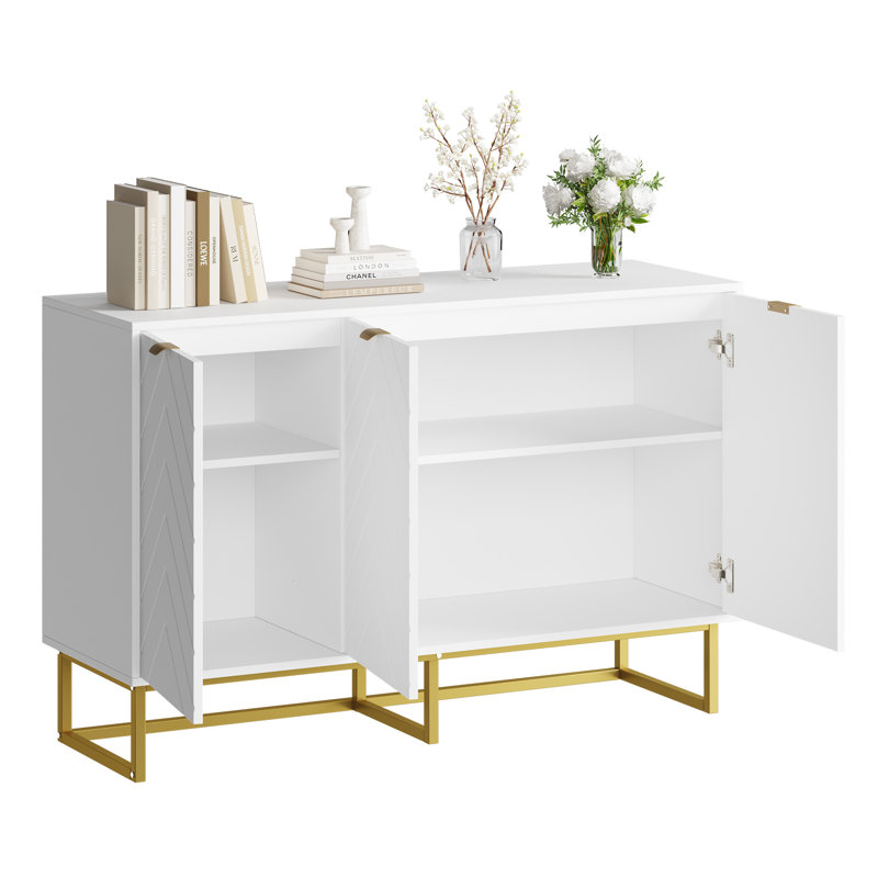 Buffet 47 po moderne à chevrons, console de rangement blanche avec tablette réglable et 3 portes, meuble d'entrée de salle à manger