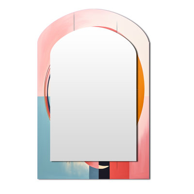 Abstrait lever de soleil, paysage Midcentury - miroir asymétrique moderne de style Mid-Century, miroir mural unique en arche d'or, impression sur métal
