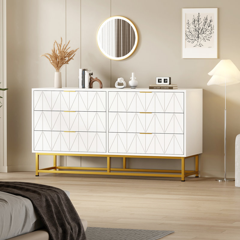 6 Drawer Dresser With Gold Metal Handles ,modern Large Dresser Storage Cabine, White