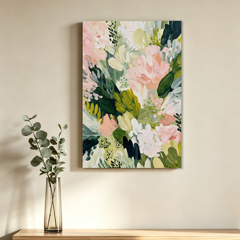 Affiche abstraite de peinture florale rose et vert doux, 20x30inch