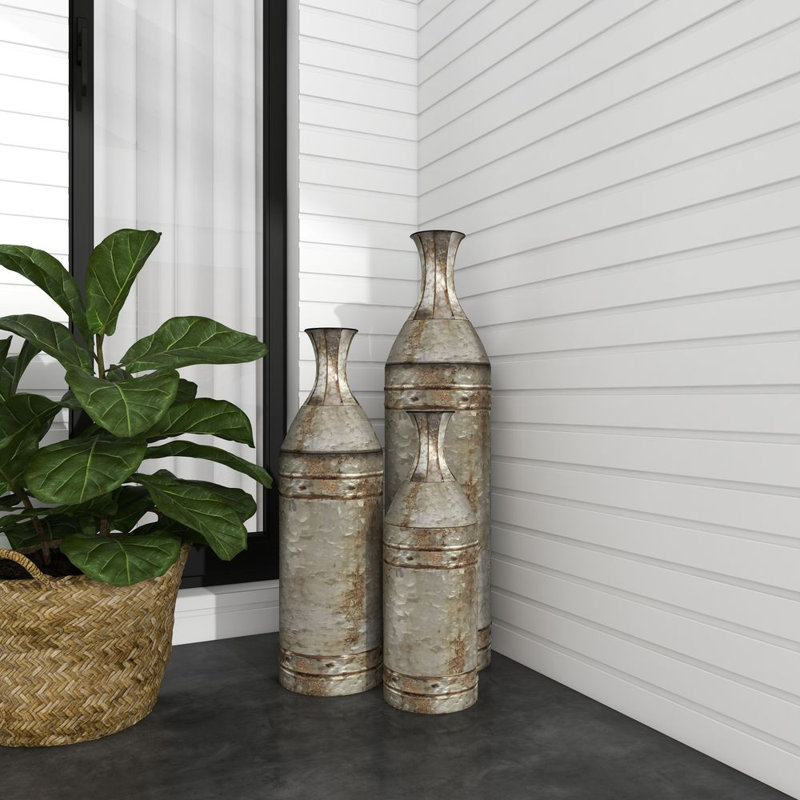 Haroun Metal Handmade Tall Galvanized Floor Decorative Gray Vase with Studs Set