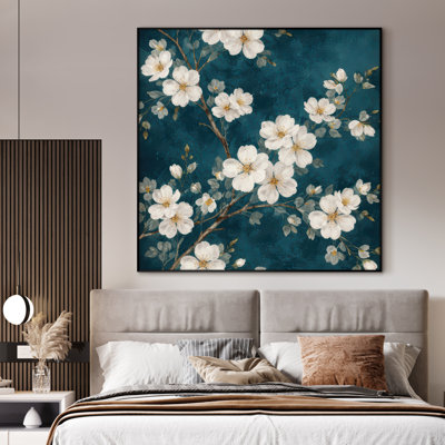 Très grande reproduction d'art sur tissu - Élégantes fleurs de cerisier blanches sur fond sarcelle riche pour le salon - «Assemblage requis du cadre (cadre non fini)»