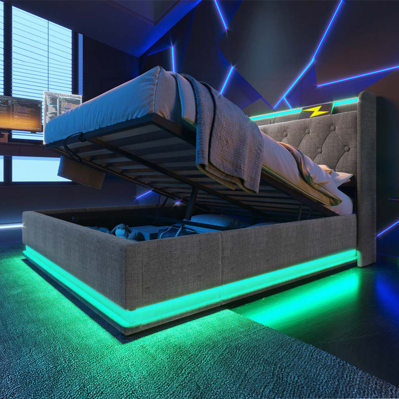 Upholstered Storage Bed With LED and Charging Outlets, King, Gray