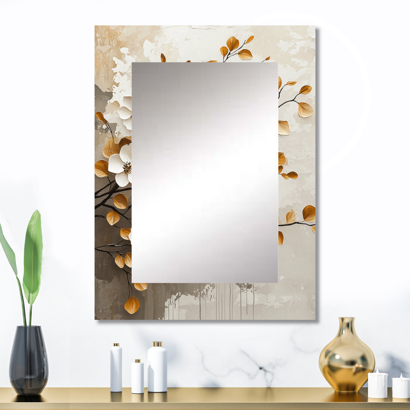 White Gold Botanical Cherry Blossom Trees - Cherry Blossom Wall Mirror, Traditional Decorative Mirror, Printed Metal Art