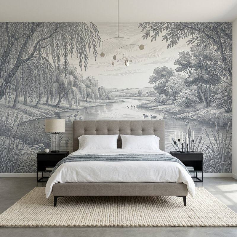 Papier peint mural paysage pastoral, scène de rivière et saules, 100"x96", Peel and Stick