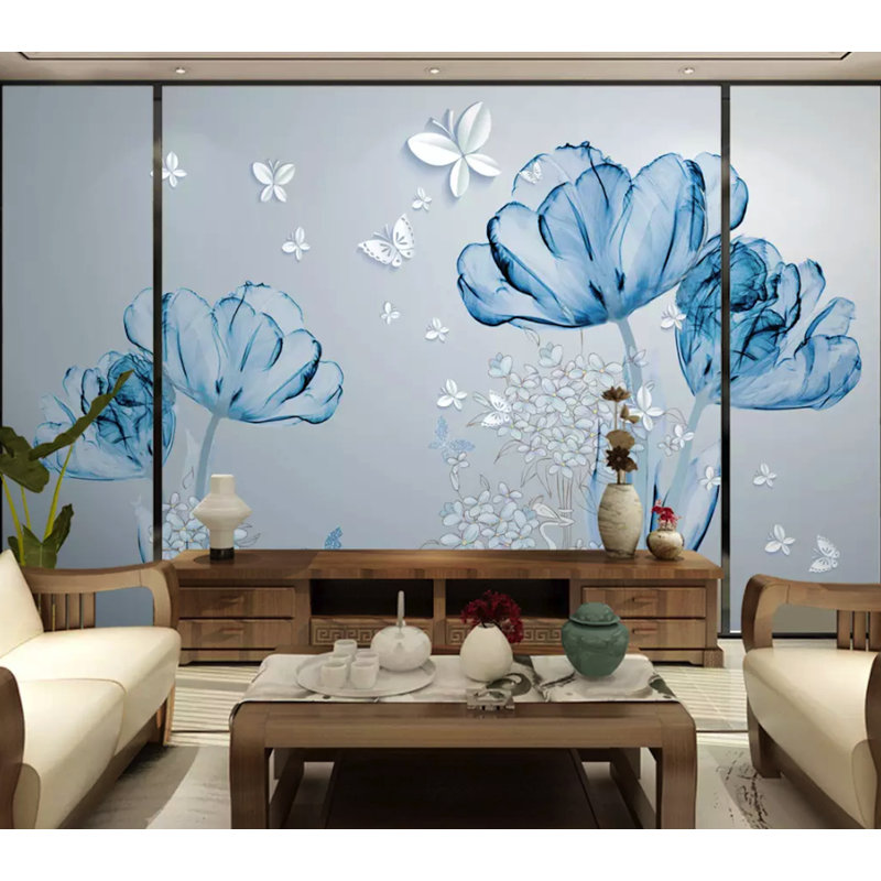 Papier peint texturé amovible avec fleurs transparentes et papillons blancs minimalistes, l 204 po x L 114 po