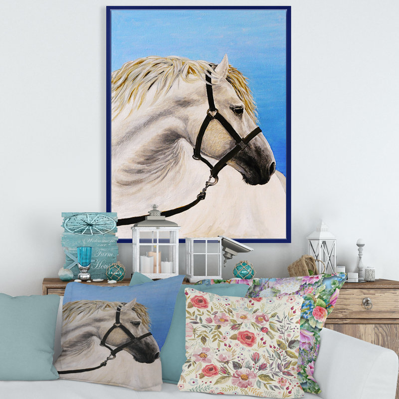 Portrait de cheval blanc dans le sillon - photographie sur toile, H 20 po x l 12 po x P 1po, Cadre flottant bleu