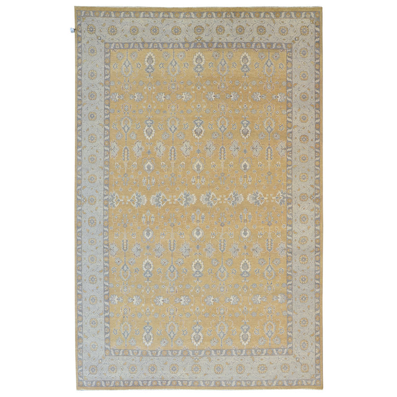 Tapis en laine noué à la main en jaune / gris, Rectangle 9 pi x 12 pi