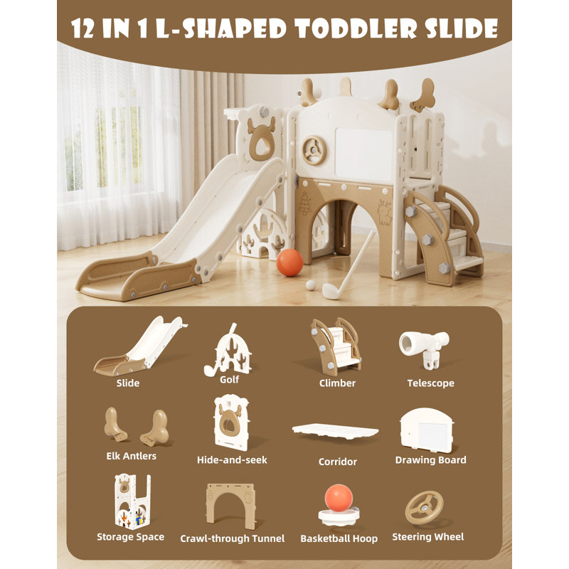 12 In 1 Kids Slide For Toddlers, Toddler Playset With Golf, Drawing Board, Basketball Hoop And Storage Space, Brown