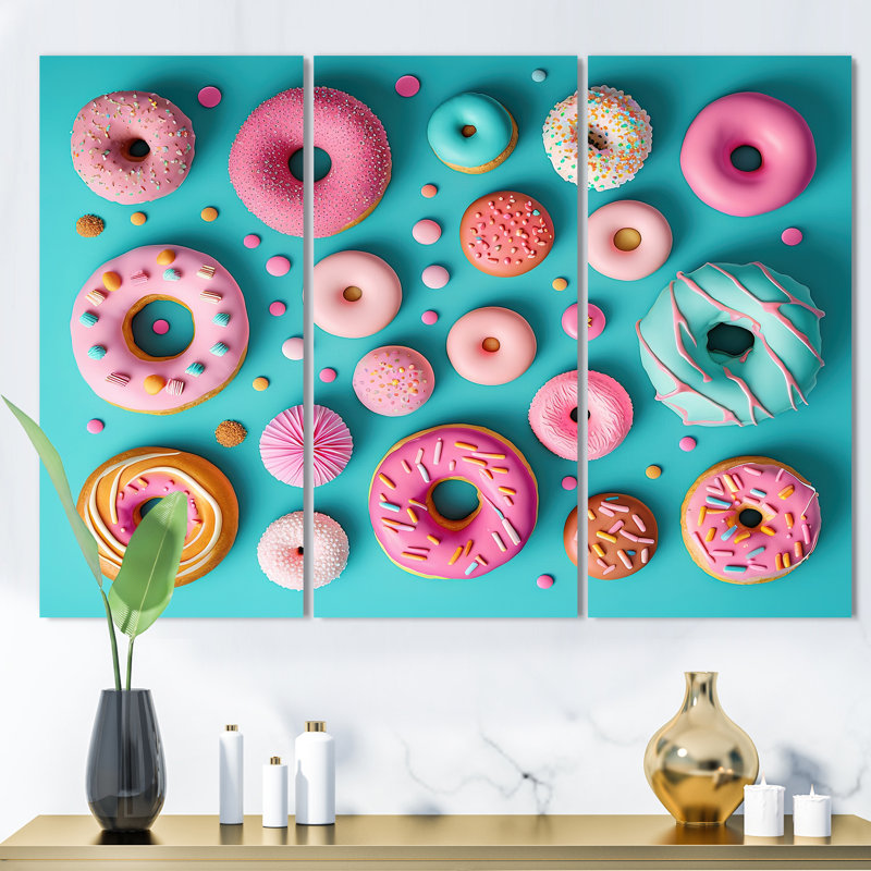 «Colorful Donuts Flatlay IV», reproduction sur toile 3 pièces, H 28 po x l 36 po x P 1 po, Toile tendue