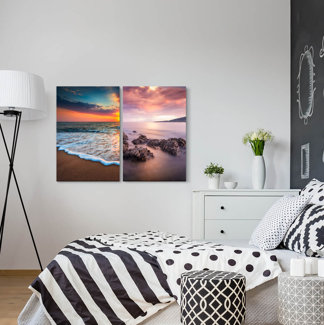 2-tlg. Leinwandbilder-Set - Grafikdruck „Sandy Beach Ocean Sunset Waves Horizon Sea Rocks”