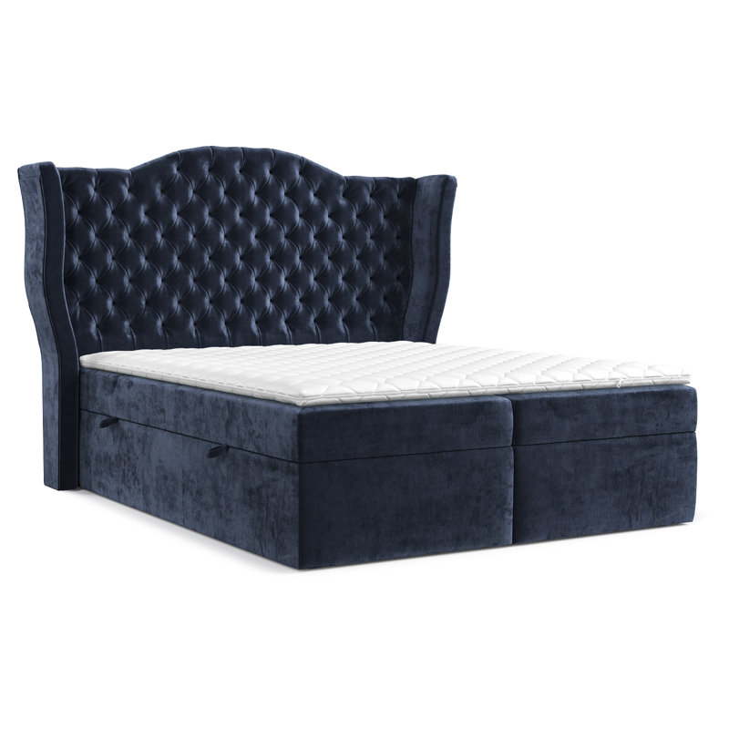 Exclusive Upholstered Ottoman Bed with Mattress, Double (140 x 200 cm), Navy