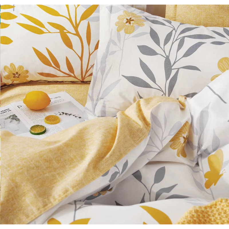SLEEPBELLA Duvet Cover Full Size, 600 Thread Count Cotton Grey Branches And Yellow Flower Reversible Comforter Cover