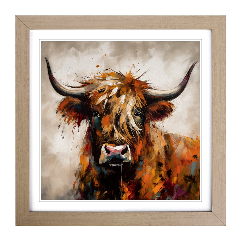 Highland Cow Abstract - Single Picture Frame Print on Wood, Oak