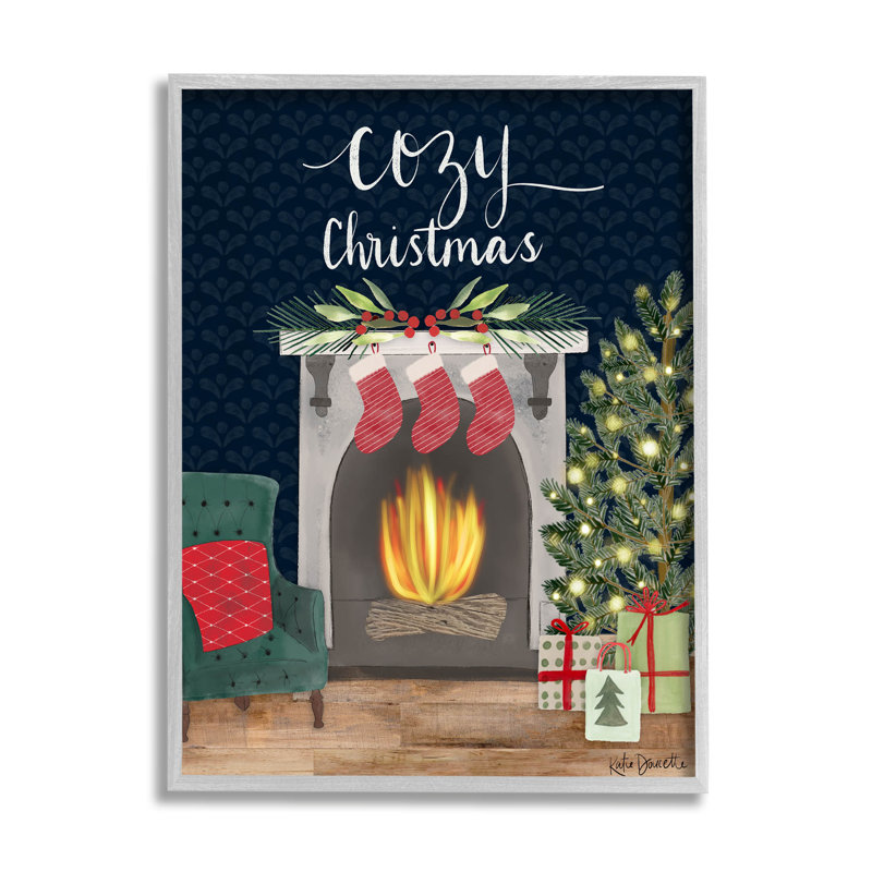 Cozy Christmas Fireplace Mantle, art de la giclée encadrée par Katie Doucette, H 14 po x l 11 po x P 1,5 po