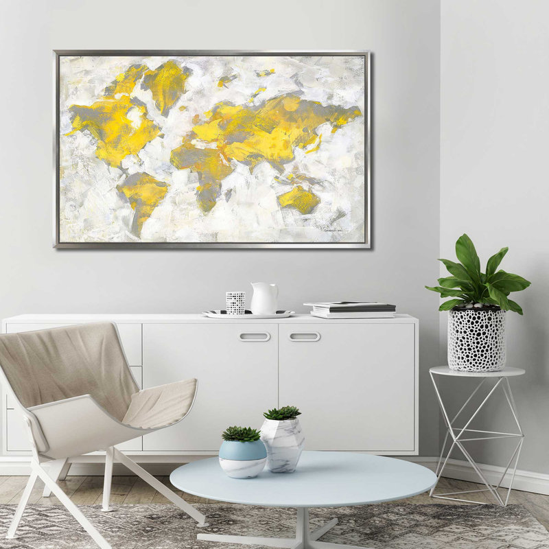 «World Map Yellow Gray» par Danhui Nai - impression, Cadre flottant argent, H 27,5 po x l 43,5 po x P 2 po