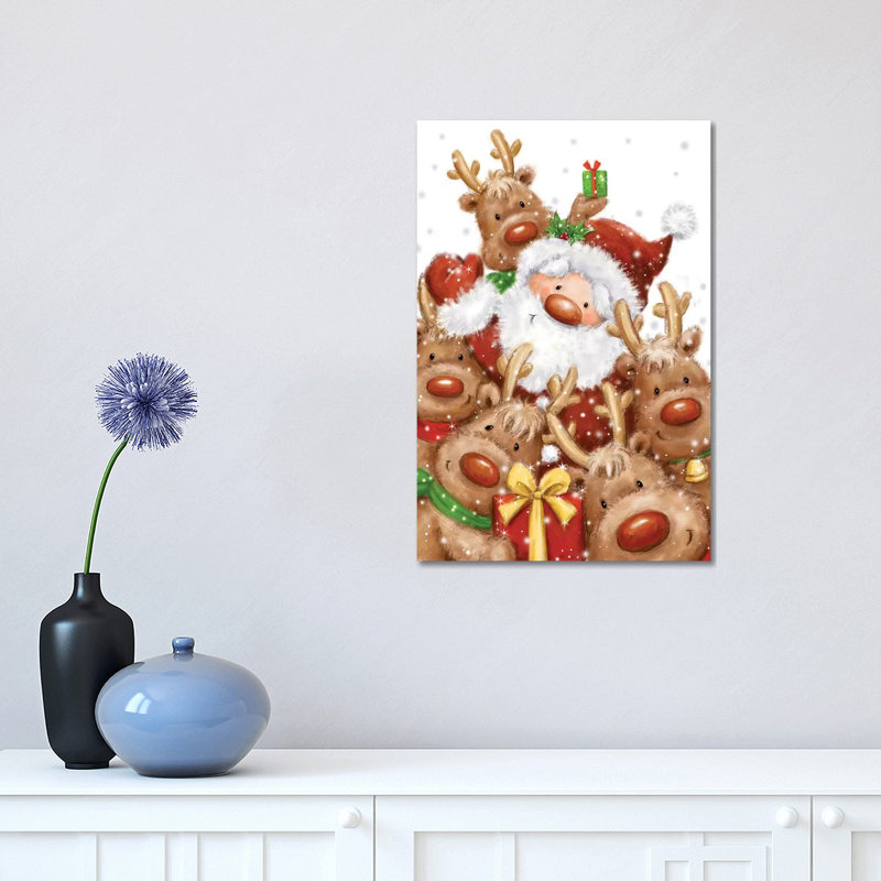 Père Noël et rennes par Makiko - peinture sur toile tendue, H 18 po x l 12 po x 1,5 po