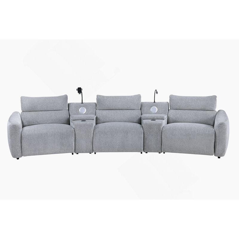 Canapé modulaire modulaire à mouvement électrique avec console, offrant des chargeurs sans fil, des porte-gobelets, des haut-parleurs, un support pour téléphone et une lampe de lecture pour un confort accru