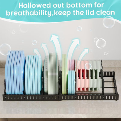 Expandable Food Container Lid Organizer,Large Capacity Adjustable 8 Dividers Detachable Lid Organizer Rack for Cabinets, Cupboards, Pantry Shelves, Drawers Keep Kitchen Tidy,Black 10.2”wide,3.6 Pound.