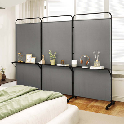 3-panel Room Divider With Storage Shelves 6ft Tall Folding Privacy Screen On Wheels