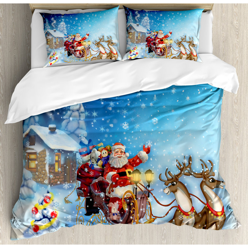 King Size Blue Christmas Santa and Reindeer Duvet Set