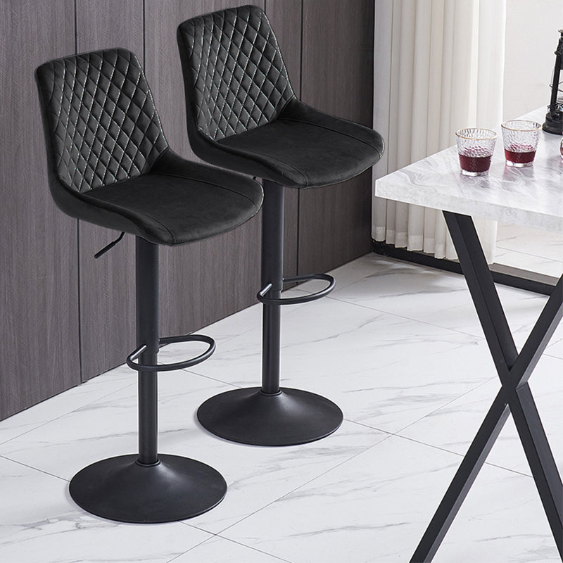 Apoch Waffle Velvet Height Adjustable Bar Stool 360 Swivel with Footrest, Black