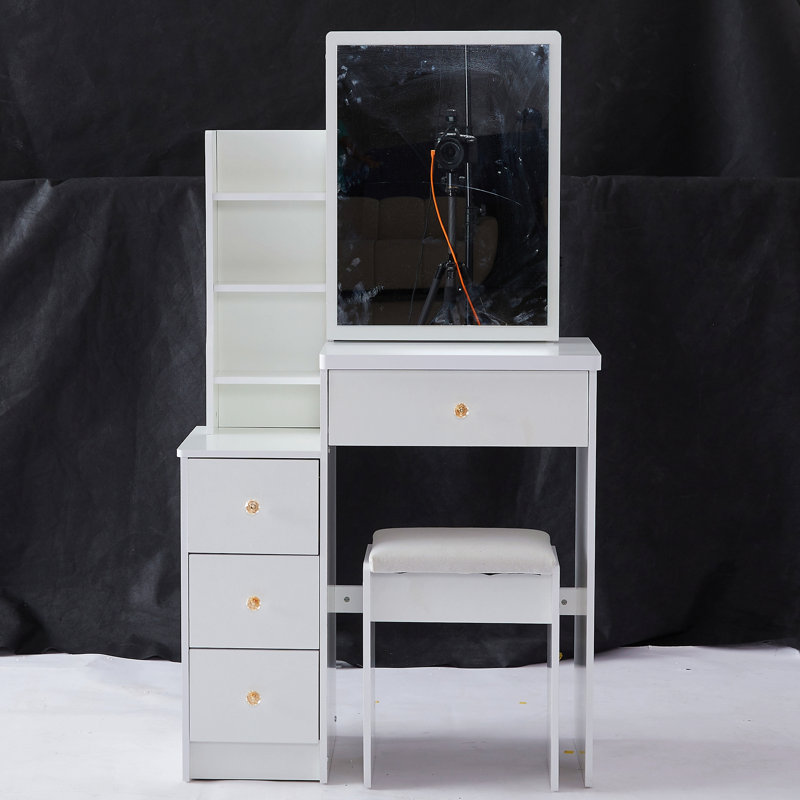 29.2" Small Space Left Bedside Cabinet Vanity Table With Cushioned Stool, Extra Large Right Sliding Mirror, Multi Layer High Capacity Storage, Practical Fashionable Dresser